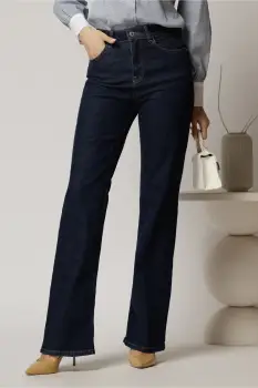 Blugi dama evazati bleumarin inchis cu talie inalta imagine