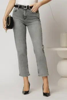 Blugi dama gri cu croi mom fit si curea in talie imagine