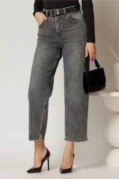 Blugi dama gri cu talie inalta si croi mom fit imagine