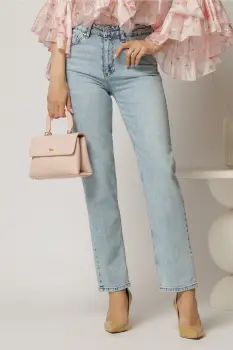 Blugi dama mom fit bleu cu aspect prespalat imagine