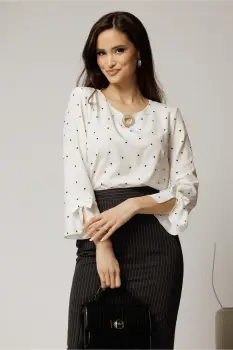 Bluza alba cu buline din voal cu funde la maneci si brosa la decolteu imagine