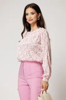 Bluza alba cu flori roz eleganta din voal satinat cu perle pe umar imagine