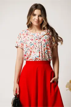 Bluza alba cu imprimeu floral corai din viscoza lejera cu floare la bust imagine