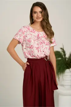 Bluza alba cu imprimeu fucsia din viscoza lejera cu floare la bust imagine