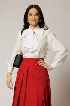 Bluza alba din poplin cu esarfa tip funda la gat imagine