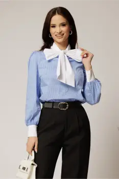 Bluza albastra cu dungi albe din poplin cu esarfa tip funda la gat imagine