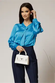 Bluza albastra din satin cu croi lejer si guler tip esarfa imagine