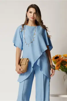 Bluza albastra din viscoza cu croi lejer si aspect petrecut asimetric imagine