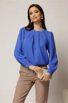 Bluza albastra din voal plin cu perle la decolteu si pliuri imagine