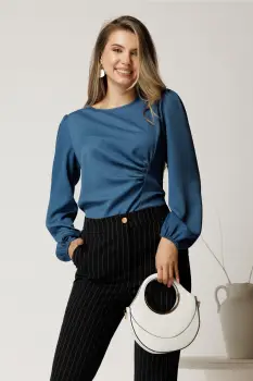 Bluza albastru petrol din crep cu fronseu in talie imagine