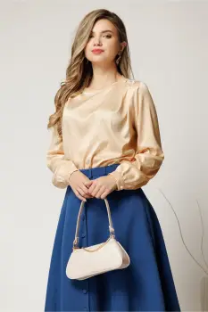 Bluza bej cu buline eleganta din voal satinat cu perle pe umar imagine