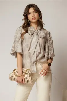 Bluza bej cu dungi din tencel cu maneci bufante si guler funda imagine