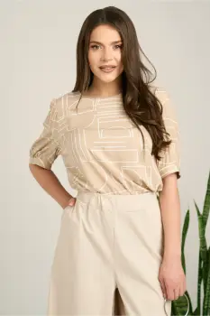 Bluza bej cu imprimeuri geometrice albe din viscoza cu croi drept imagine