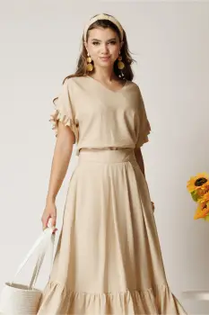 Bluza bej din rayon cu croi drept si volanase la maneci imagine