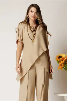 Bluza bej din viscoza cu croi lejer si aspect petrecut asimetric imagine