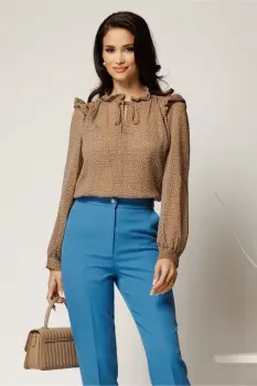 Bluza bej din voal cu buline si snur la guler imagine