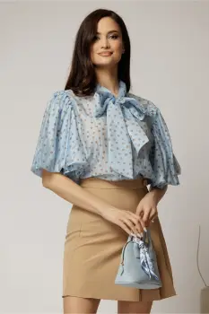 Bluza bleu cu buline din tencel cu maneci bufante si guler funda imagine