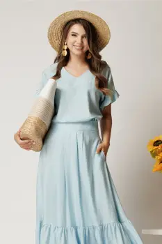 Bluza bleu din rayon cu croi drept si volanase la maneci imagine