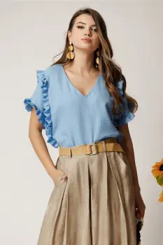 Bluza bleu din rayon cu croi drept si volane la maneci imagine