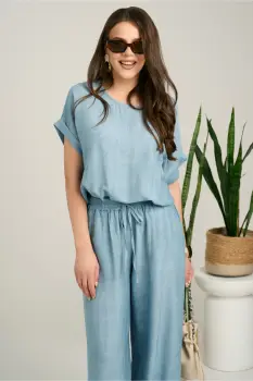 Bluza bleu din viscoza cu croi lejer si nod la baza imagine