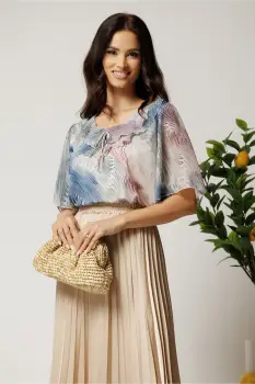 Bluza bleu din viscoza cu imprimeu somon si maneci din voal imagine