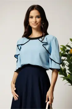 Bluza bleu din viscoza cu volane la maneci imagine