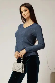 Bluza bleumarin din tricot cu decolteu in V si fir lurex imagine