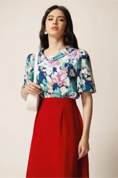 Bluza bleumarin din viscoza lejera cu imprimeu turcoaz imagine