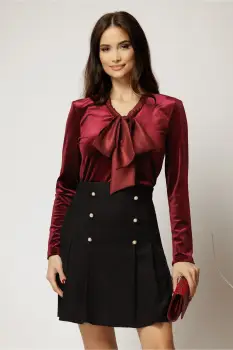 Bluza bordo din catifea cu guler esarfa imagine