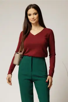 Bluza bordo din tricot cu decolteu in V si fir lurex imagine