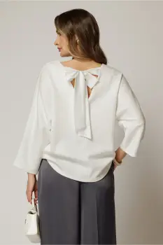 Bluza casual alba din jerse cu funda la spate imagine
