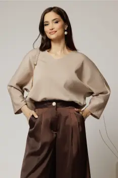 Bluza casual din jerse bej inchis cu funda la spate imagine