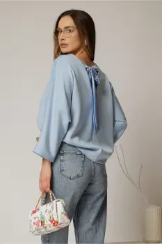 Bluza casual din jerse bleu cu funda la spate imagine