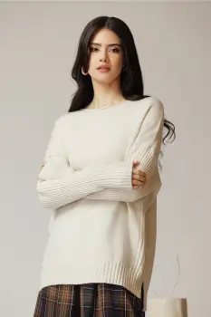 Bluza casual din tricot bej cu maneci reiate imagine