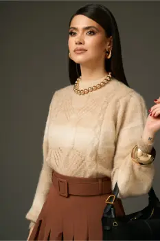 Bluza casual din tricot bej in degrade imagine