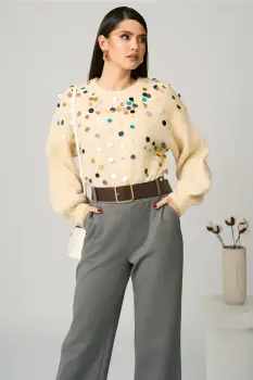 Bluza casual din tricot ivory cu paiete maxi colorate imagine