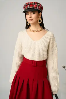 Bluza casual din tricot ivory cu paiete si fir lurex imagine