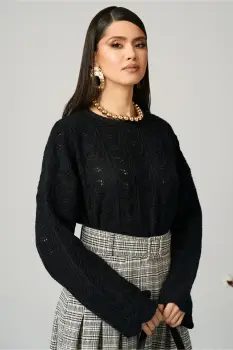 Bluza casual din tricot neagra cu decupaje imagine