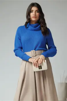 Bluza casual din tricot reiat albastra cu guler maxi imagine