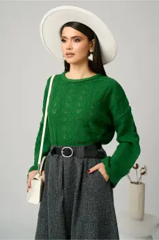 Bluza casual din tricot verde cu decupaje imagine