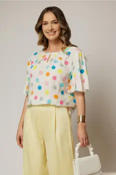 Bluza casual din viscoza alba cu buline colorate si croi lejer imagine