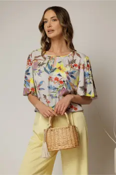 Bluza casual din viscoza gri cu imprimeuri galbene si croi lejer imagine