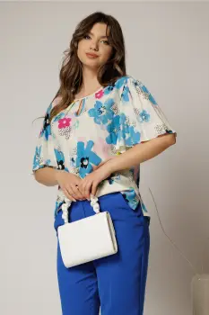 Bluza casual din viscoza ivoar cu imprimeuri bleu si croi lejer imagine
