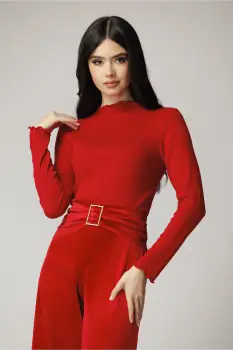 Bluza casual din viscoza rosie cu guler incretit imagine