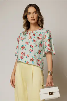 Bluza casual din viscoza verde menta cu imprimeuri roz si croi lejer imagine