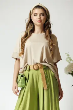 Bluza casual oversize din viscoza bej cu maneca scurta imagine