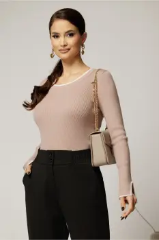 Bluza casual roz din tricot cu dunga alba imagine