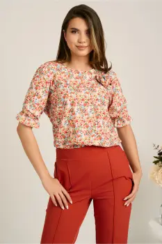 Bluza corai din viscoza lejea cu floricele colorate si trandafir aplicat imagine