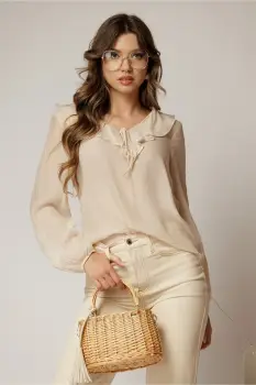 Bluza dama bej din bumbac si volanase cu snur la bust imagine