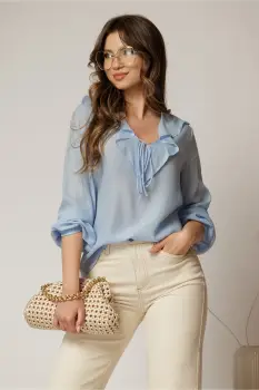 Bluza dama bleu din bumbac si volanase cu snur la bust imagine
